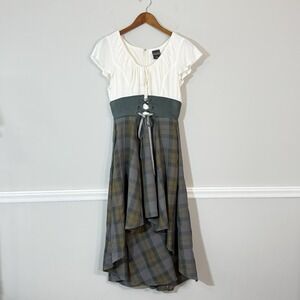 Her Universe OutlanderDress Womens Sz S White Gray Brown Tartan Lace Up Hi Low